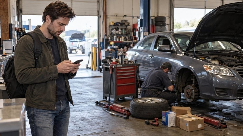 Driver waiting at a repair shop while his car undergoes a long-term vehicle repair