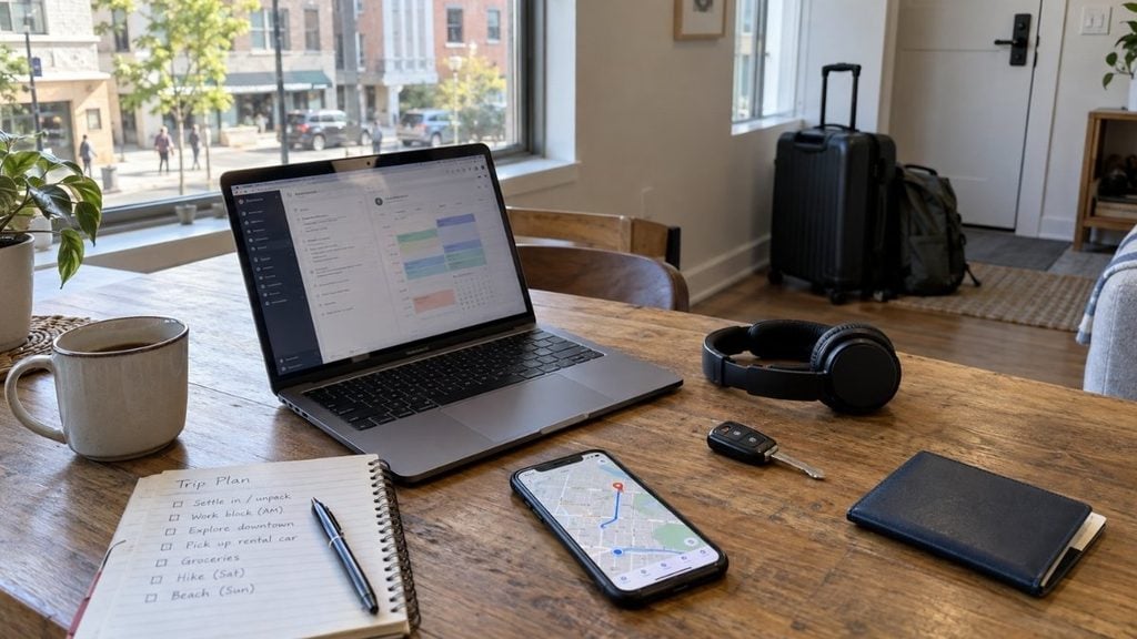 Laptop, car keys, smartphone map, and travel planner for a digital nomad trip