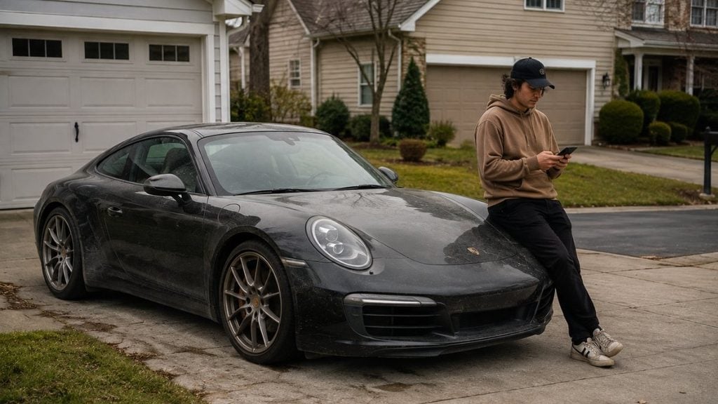 Unused Porsche parked in a driveway while its owner checks his phone