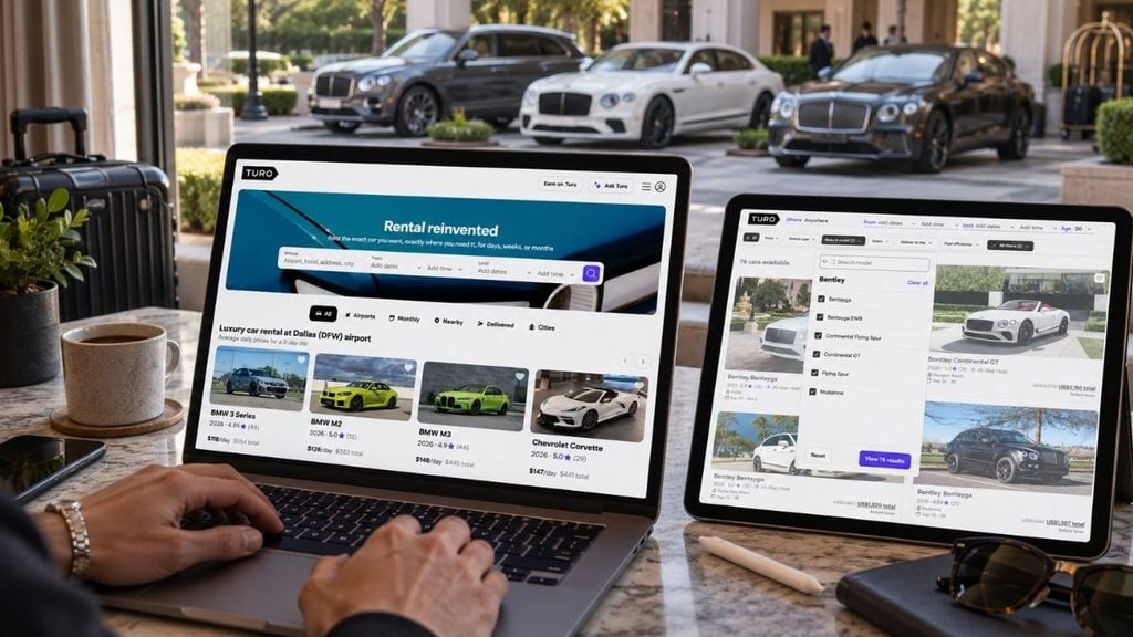Traveler browsing different Turo rental cars on a laptop and tablet