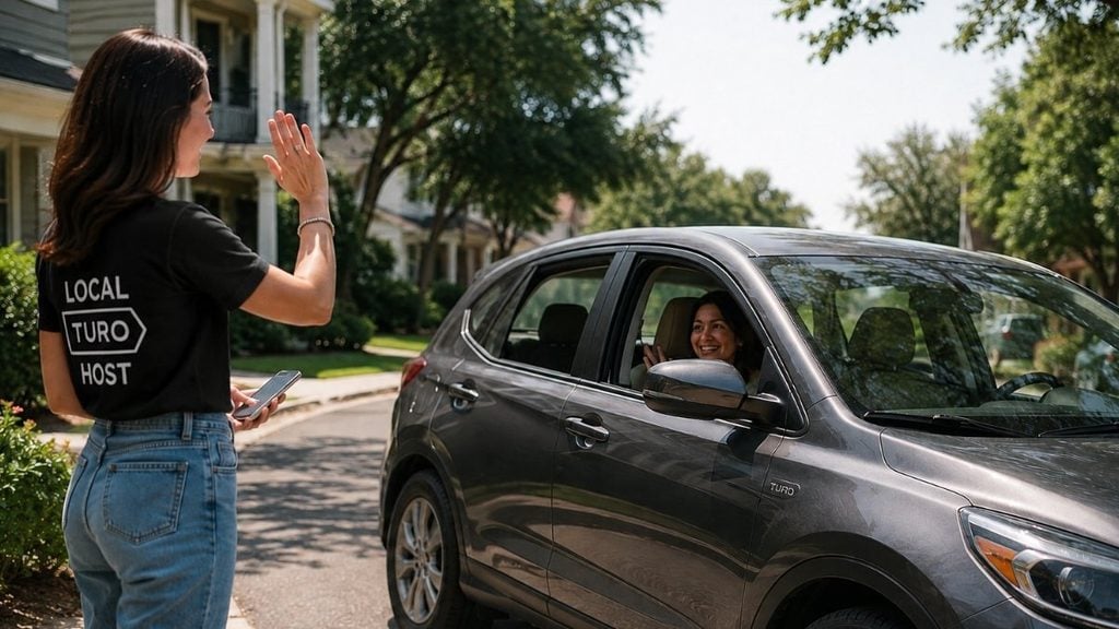 Turo host waving goodbye as a guest drives away in a car