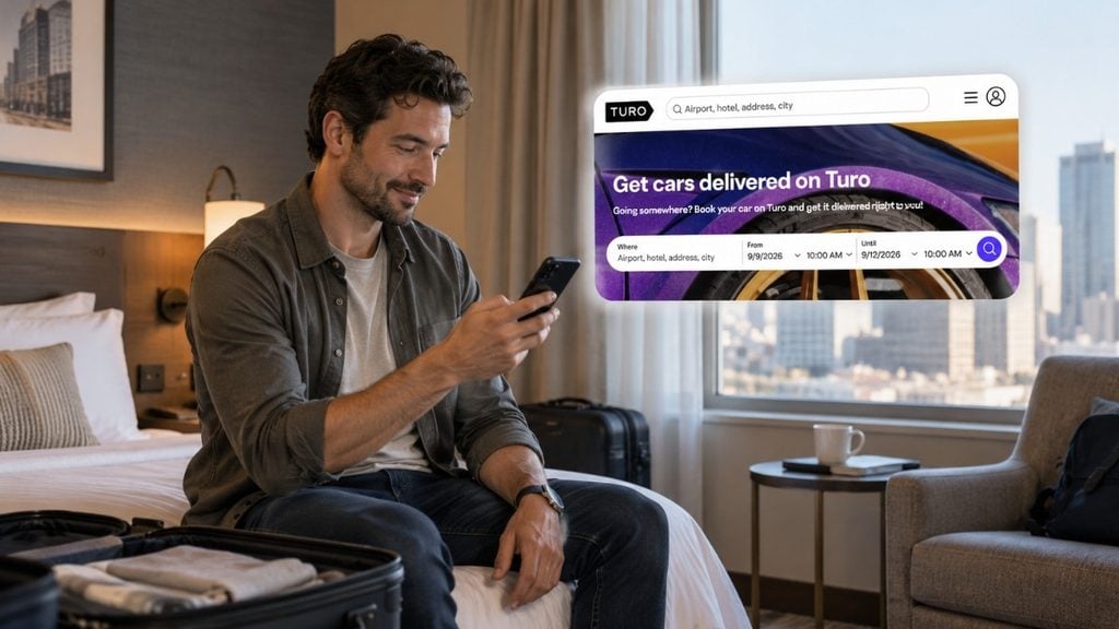 Traveler browsing Turo car delivery options from a hotel room