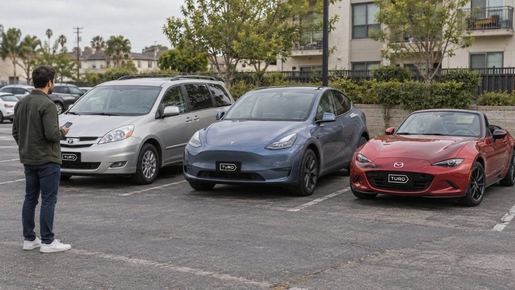 Minivan, electric SUV, and convertible available for rent on Turo in a suburban parking lot.
