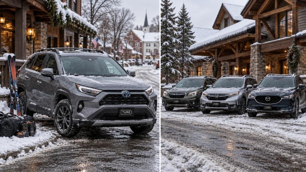 Toyota RAV4 Hybrid SUV and other AWD crossover rentals parked near a snowy mountain lodge for a ski trip.