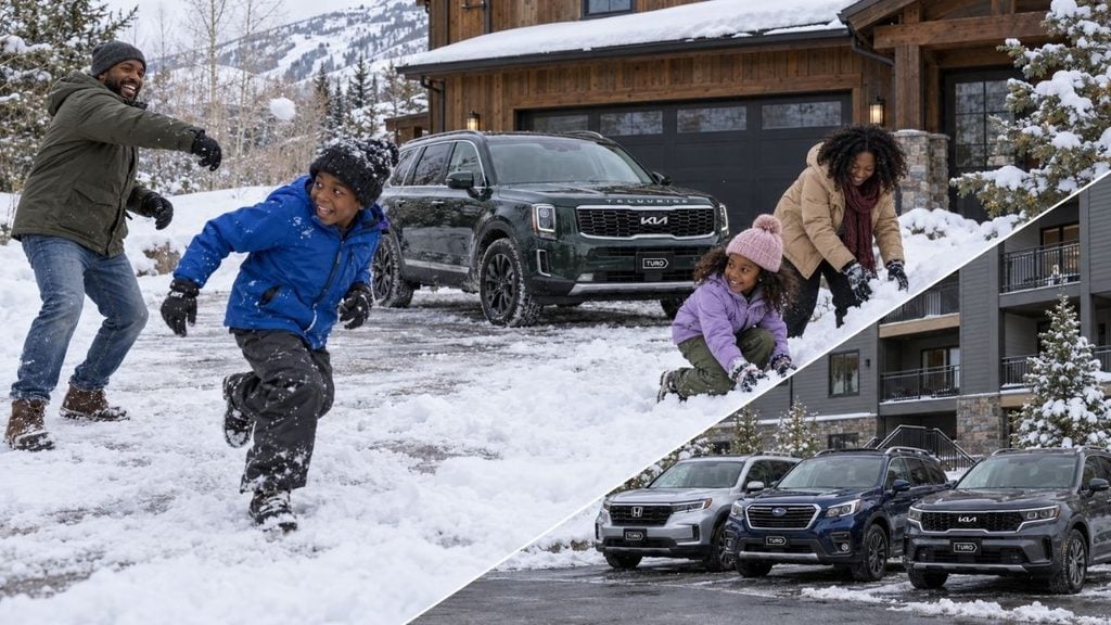Kia Telluride three-row SUV for a family ski trip, with spacious alternatives for winter getaways.