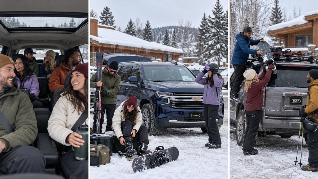 Chevrolet Suburban and GMC Yukon full-size SUVs with spacious seating and ski gear storage for group winter trips.