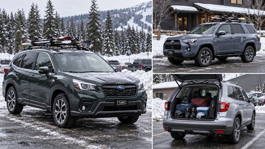 Subaru Forester SUV with roof-mounted ski racks and spacious cargo storage for winter sports equipment.