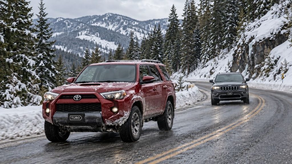 Toyota 4Runner and Jeep Grand Cherokee SUVs on a snowy mountain road during a winter ski trip.
