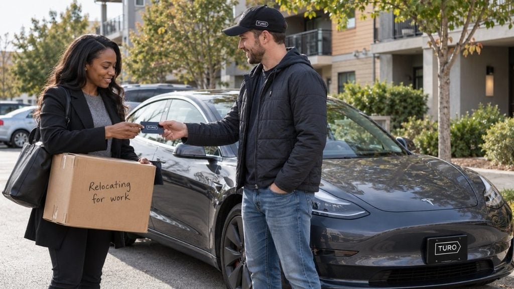 Turo EV handoff for work relocation and longer-term car bookings.