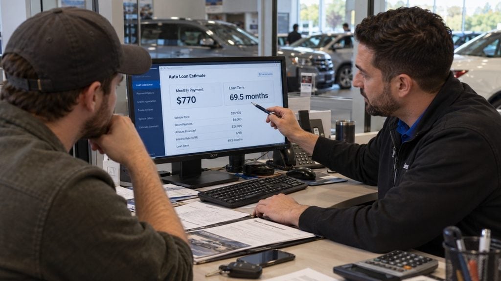 Car buyer reviewing monthly auto loan payments at a dealership.