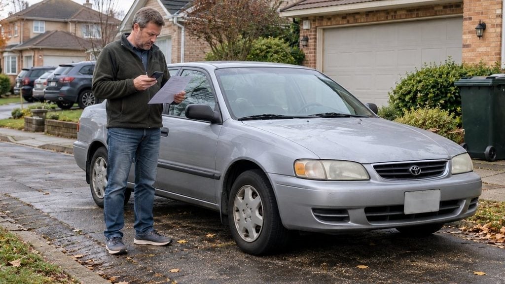 Older sedan beside a driver reviewing auto insurance coverage.