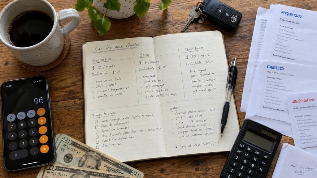 Car insurance quotes compared alongside a calculator, car keys, and cash.