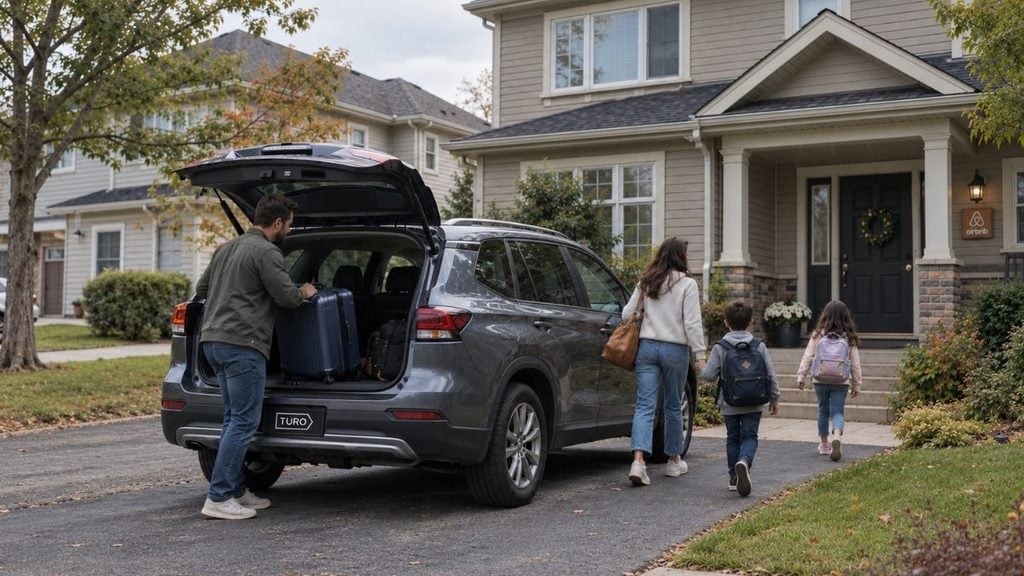 Family unloading luggage from a gray SUV outside a suburban Airbnb vacation home.