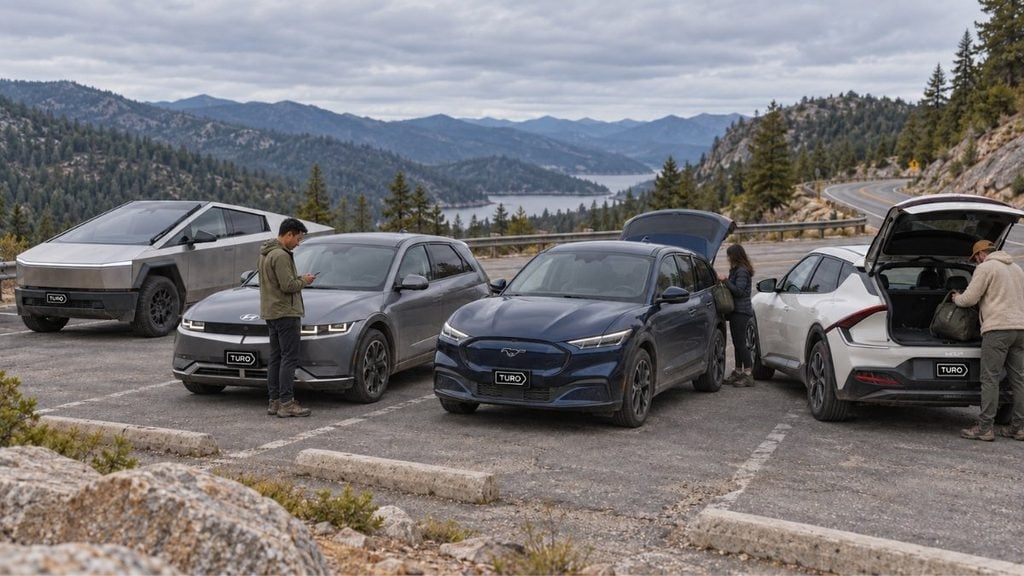 Four electric vehicles at a scenic US mountain overlook.