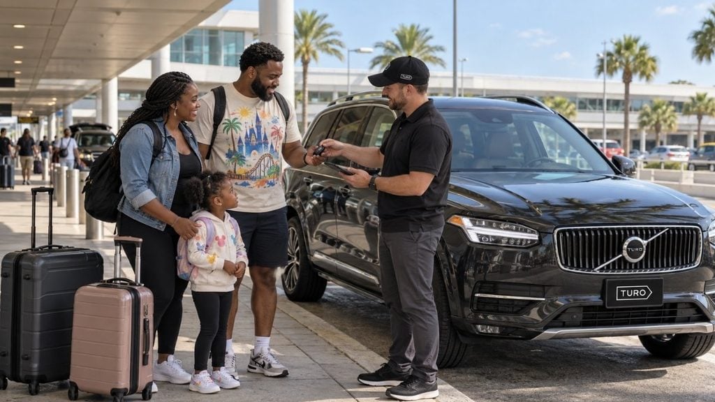 Family collecting a Turo rental SUV at an airport before their resort vacation.