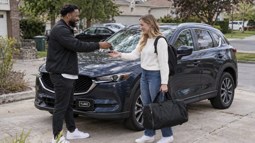 Turo host handing car keys to a guest beside a parked SUV.