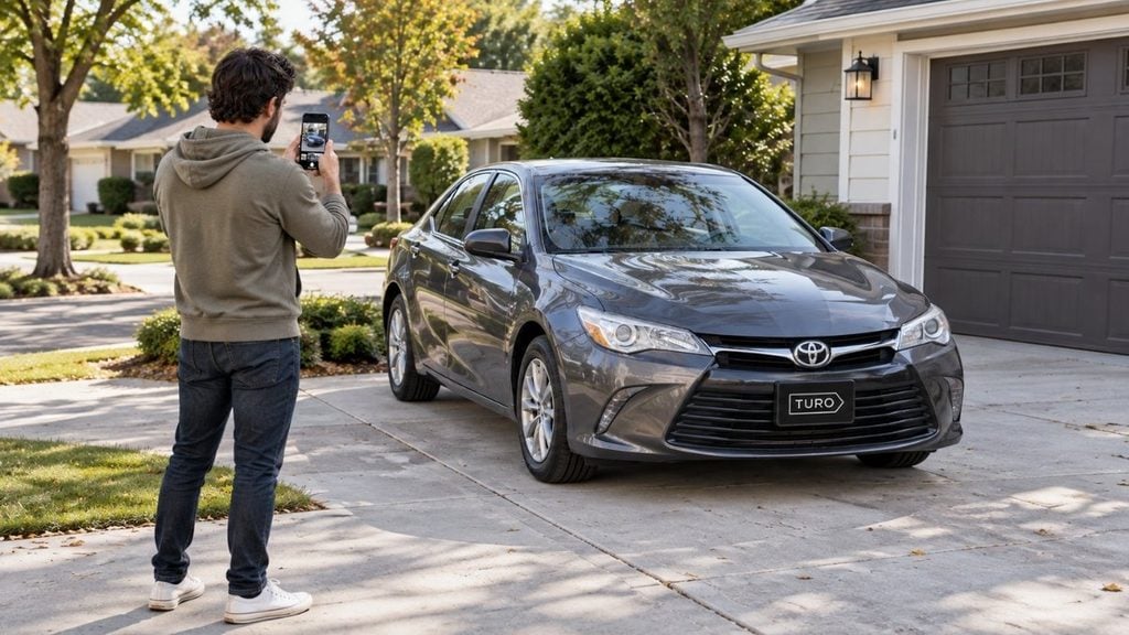 Turo host photographing a car for a vehicle listing.