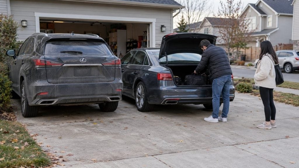 Man loading luggage into an Audi sedan beside an unused Lexus SUV in the driveway.