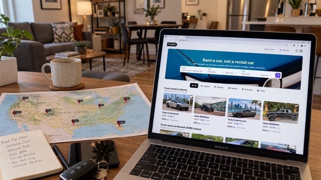 Turo US homepage opened on a laptop beside a US road map, travel notes, and car keys.