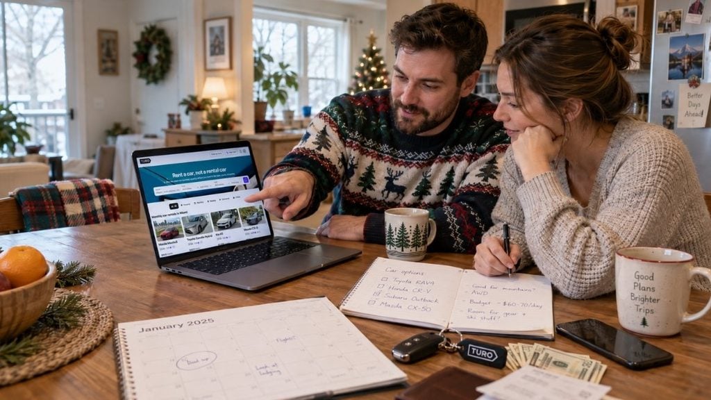 Couple comparing holiday car rental prices and booking options on Turo three months before their Christmas road trip.