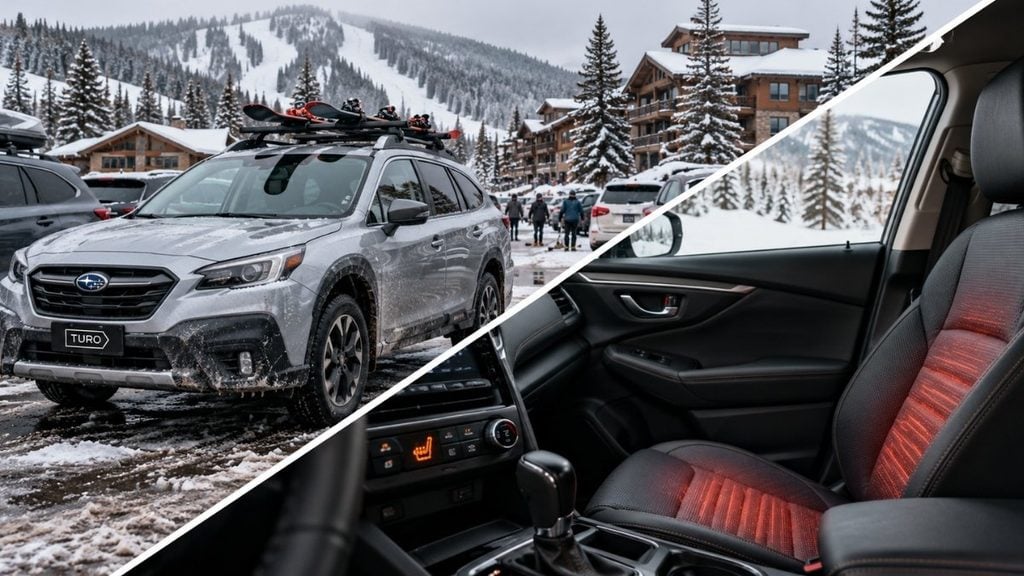 All-wheel-drive SUV rental with roof-mounted skis and heated seats for winter ski resort vacations on Turo.