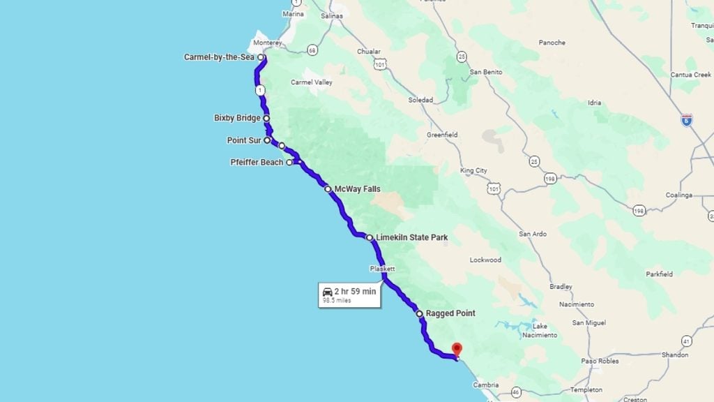 Road trip map from Carmel to San Simeon.
