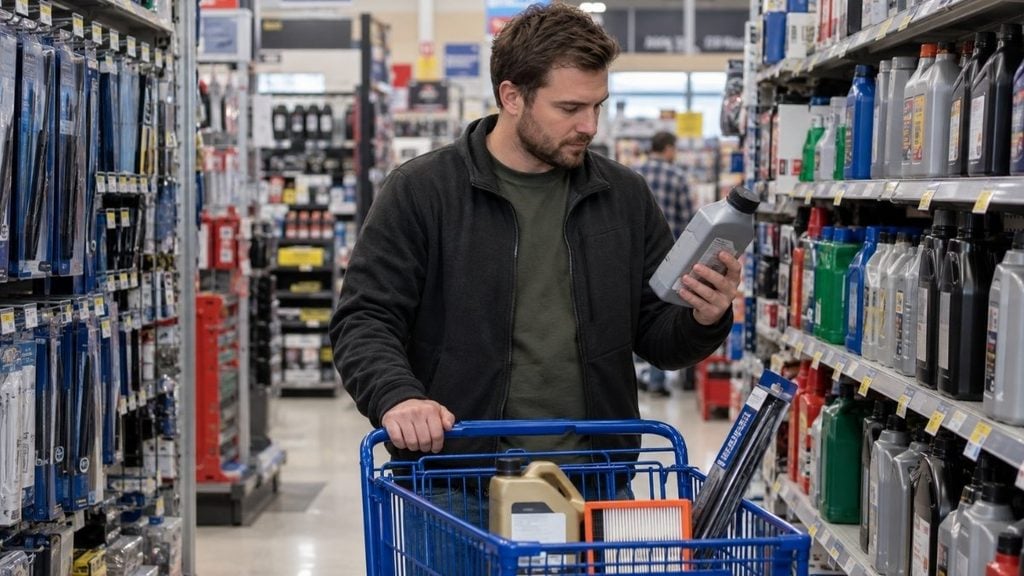 Shopper comparing motor oil while buying basic car maintenance supplies.