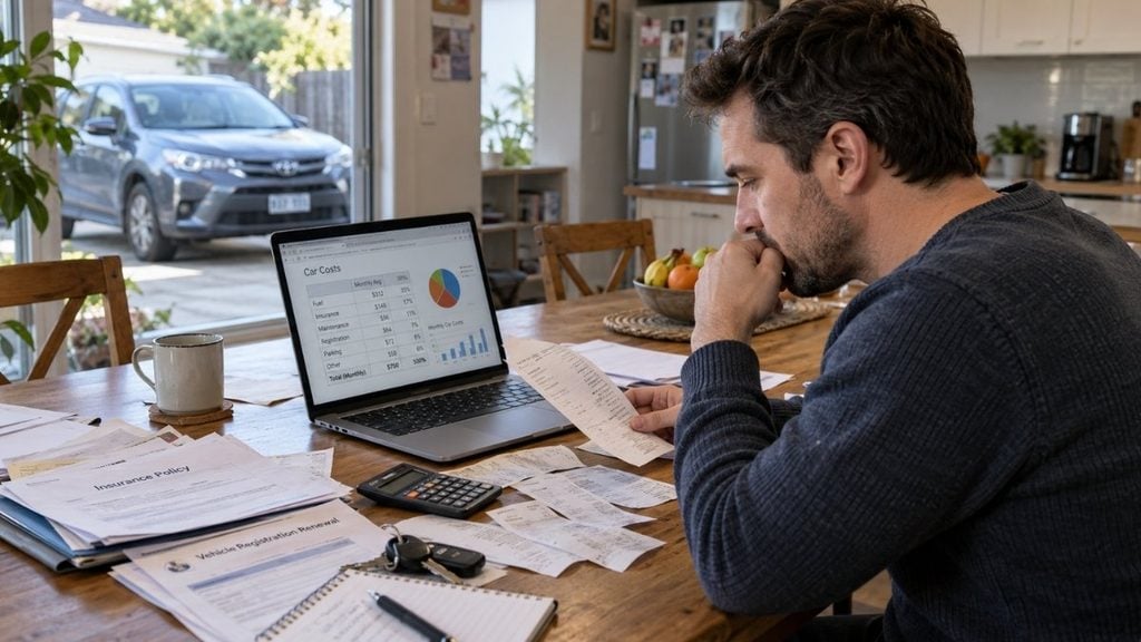 Car owner reviewing fuel, insurance, and maintenance costs on a laptop.