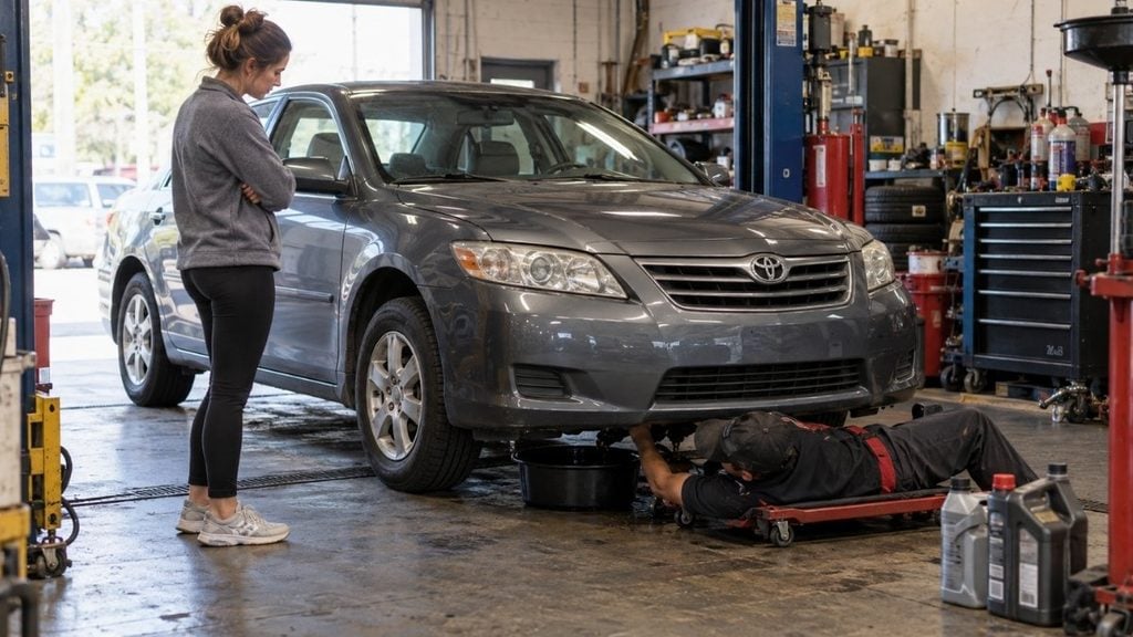 Mechanic performing routine maintenance on a sedan while the driver watches.