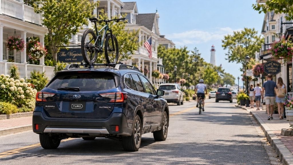 SUV rental on Turo with a rooftop bike rack for summer holiday road trips.