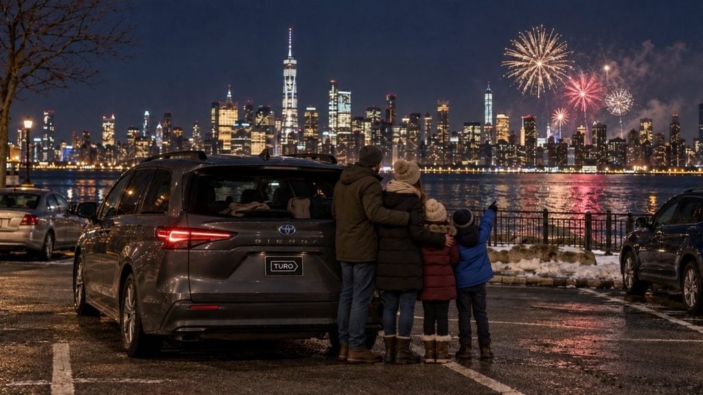 Family celebrating New Year's Eve with fireworks and a spacious minivan rental on Turo.