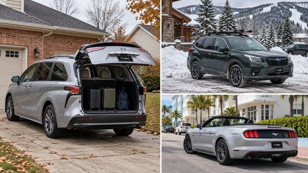 Holiday car rental options on Turo, including a family minivan, AWD SUV and convertible.