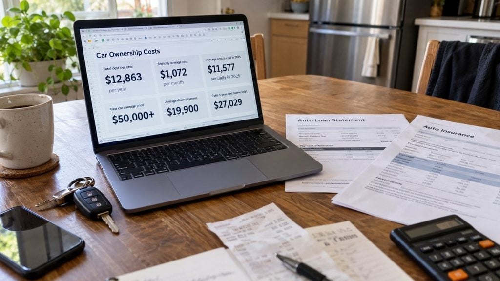 Car ownership costs displayed on a laptop beside loan, insurance and fuel expenses.