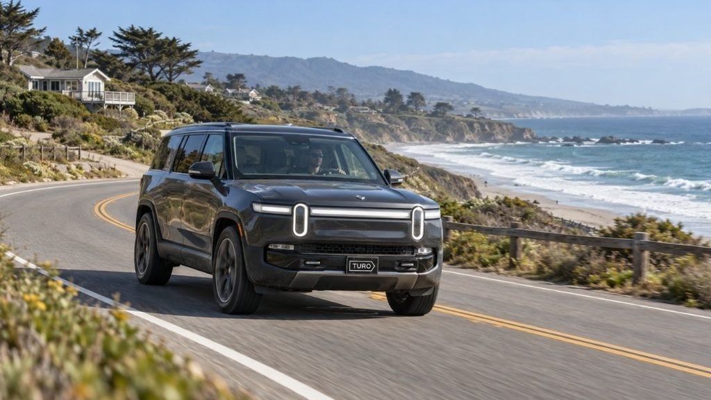 Turo rental car driving away from a beach house Airbnb along a coastal road.