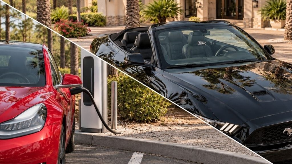 Electric car charging and convertible rental for beach and desert resort vacations on Turo.