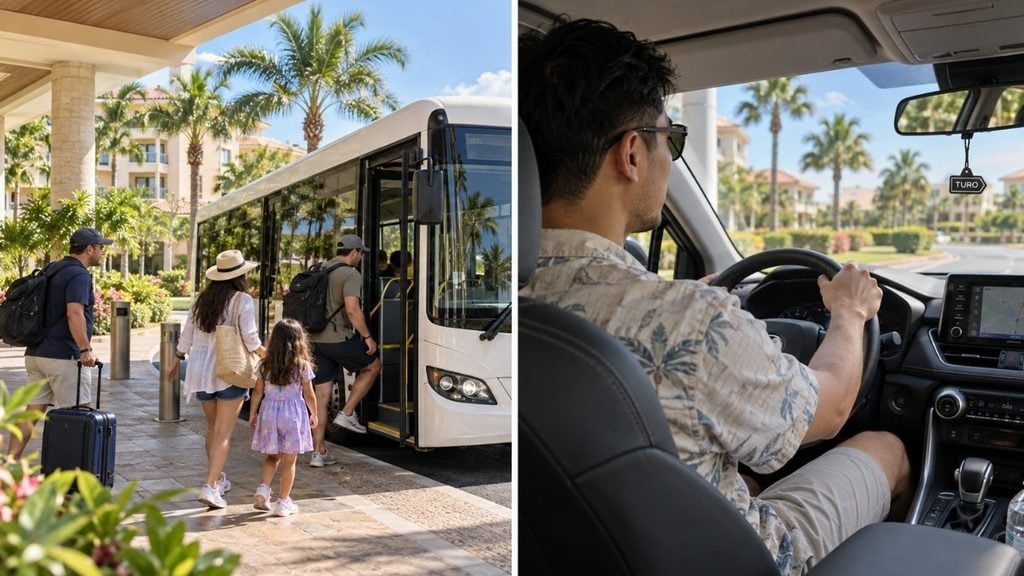 Resort shuttle bus and rental car transportation options for theme park visitors.