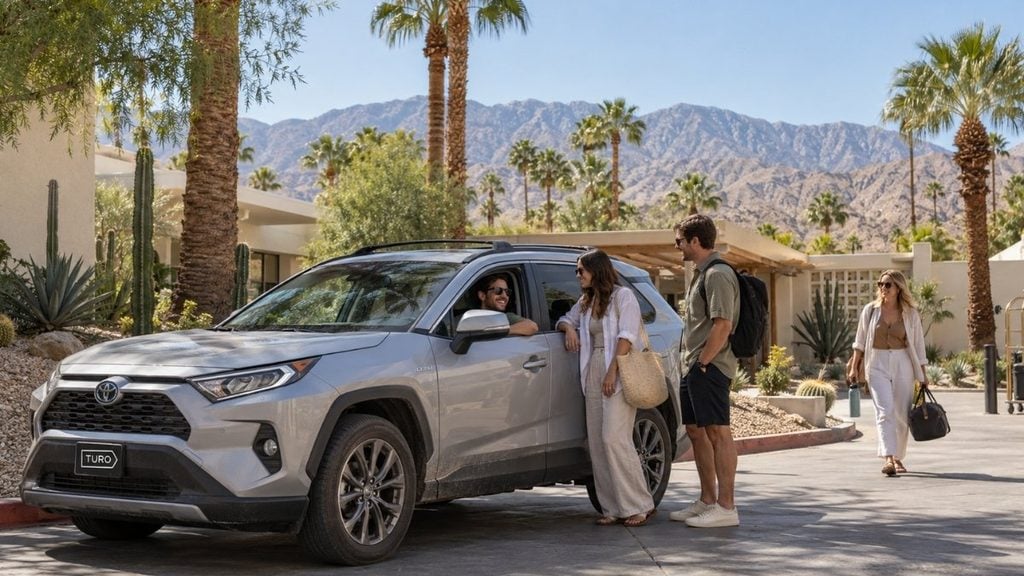 SUV rental outside a desert resort.