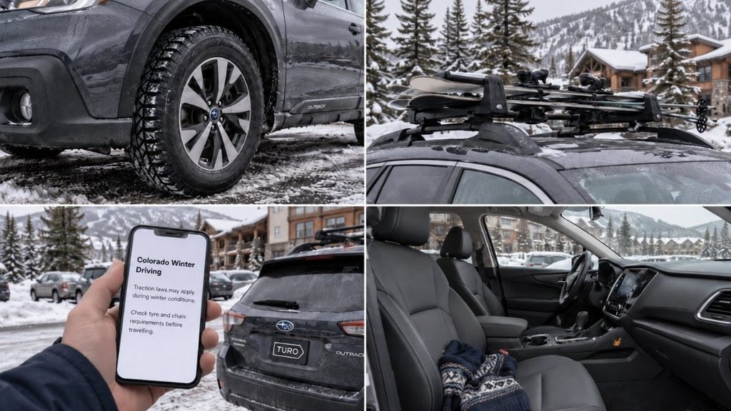 Winter-ready SUV with snow tires, roof-mounted ski racks, heated seats, and winter driving requirements for a ski trip.