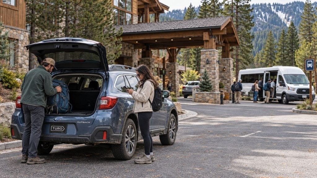 Travelers loading luggage into Turo rental car outside a mountain resort, with a shuttle bus nearby.