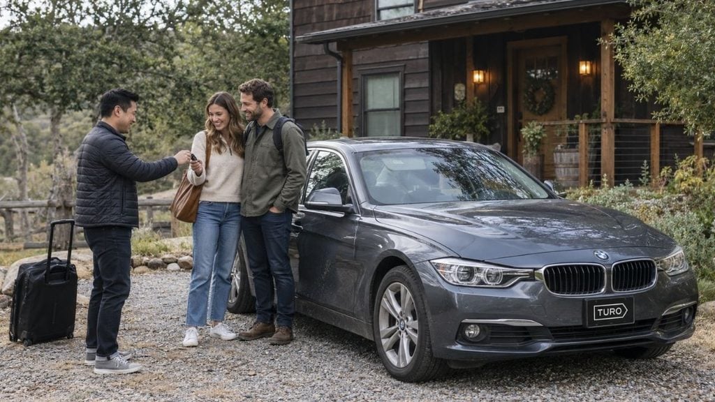 Turo host handing car keys to a couple beside a gray sedan outside a countryside Airbnb.