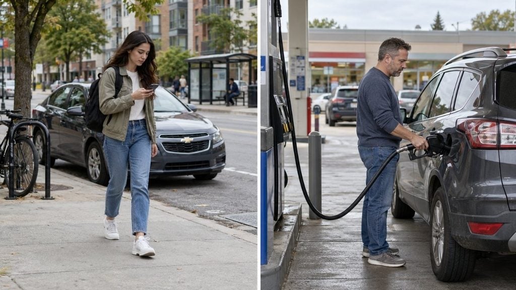 Gen Z college student walking in the city beside a Gen X driver refueling his car.