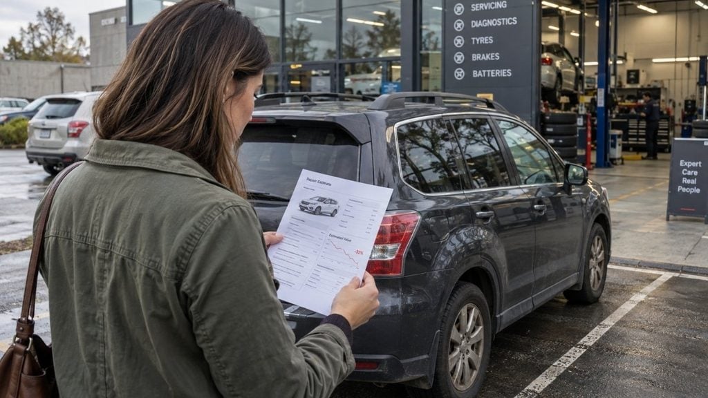 Older car owner reviewing a repair estimate outside an auto service shop.