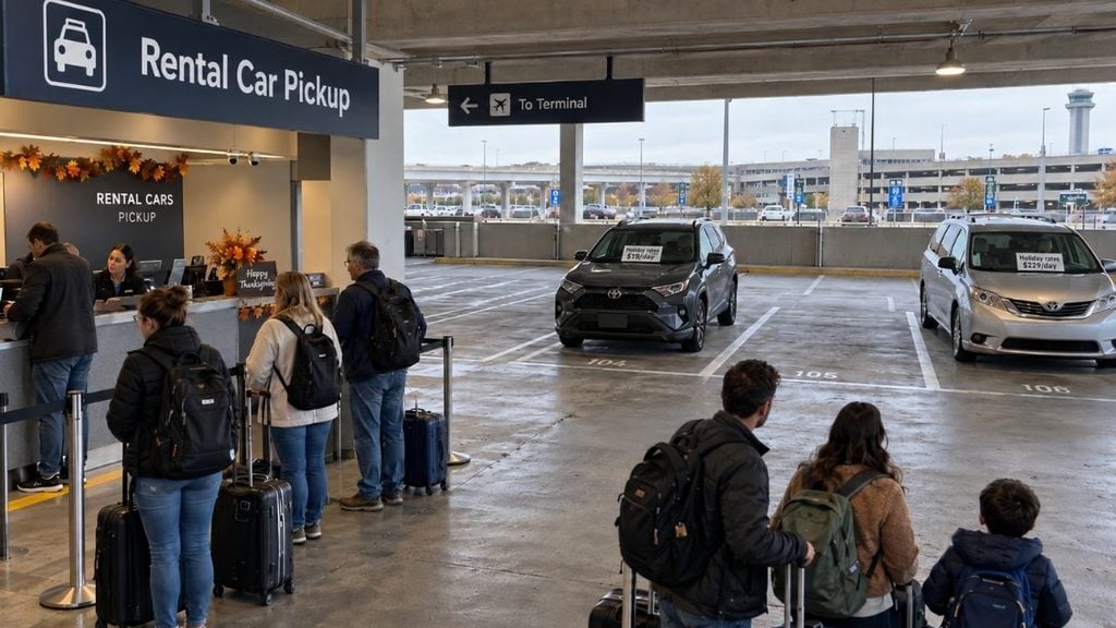 Airport rental car pickup counter with limited SUV and minivan availability and high holiday rental prices during Thanksgiving.
