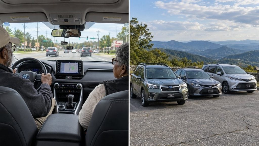Senior couple test-driving a Toyota SUV, alongside a Subaru Forester, Toyota Camry and Toyota Highlander available to rent on Turo.
